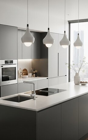 Modern gray kitchen with white island and pendant lights - Florida Luxury Kitchens