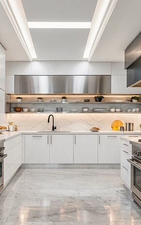 Spacious white kitchen with marble accents and bright lighting - Florida Luxury Kitchens