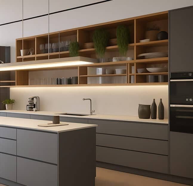 After - Modern kitchen with gray cabinets, wooden shelves, and island - Florida Luxury Kitchens