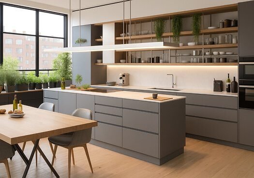 Spacious modern kitchen with island, dining table, and plants - Florida Luxury Kitchens