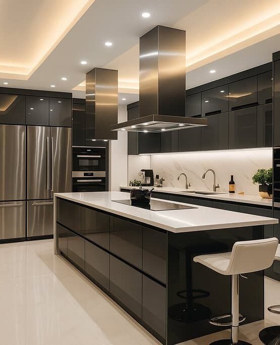 Luxurious black and white kitchen with large island - Florida Luxury Kitchens