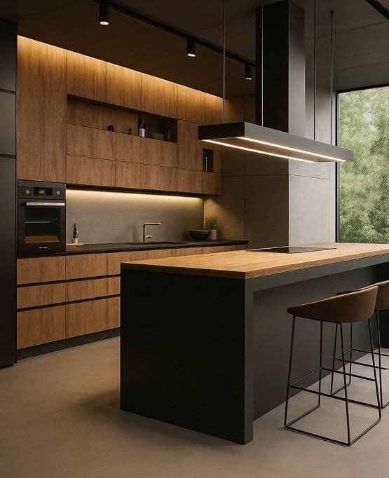 Modern wood and darke grey kitchen with led lights