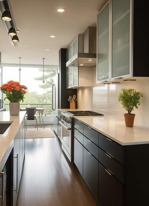 Galley kitchen with black and frosted cabinets, wood floors - Florida Luxury Kitchens