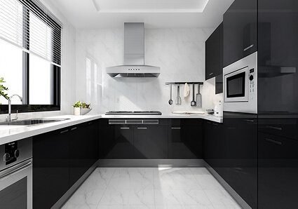 U-shaped kitchen with glossy black cabinets and white countertops - Florida Luxury Kitchens